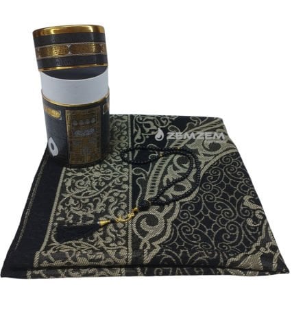 Seccade Seti Kabe Desenli Silindir Kutu İnci Tesbihli Siyah