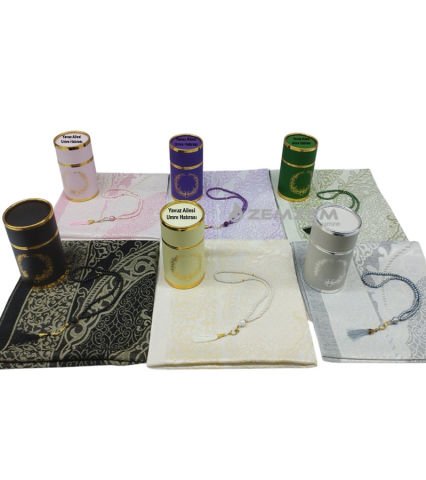 Seccade Seti Kabe Desenli Silindir Kutu İnci Tesbihli Siyah