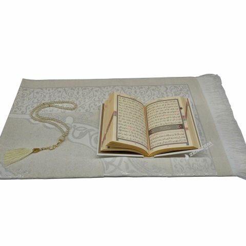 Hediyelik Seccade Seti Hafız Boy Termo Deri Kuran-ı Kerim Beyaz