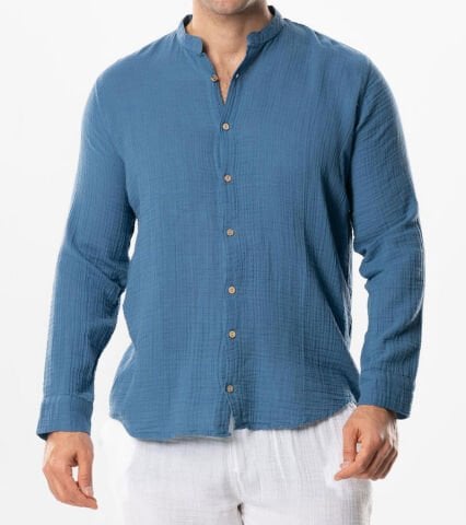 Müslin Kumaş Eliş Şile Bezi Hakim Yaka Gömlek İndigo